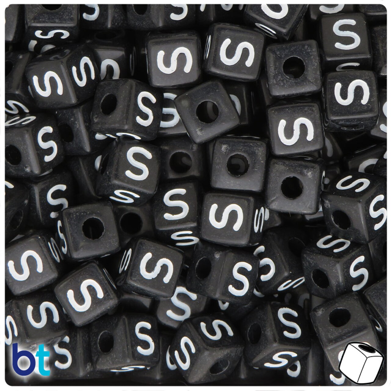 BeadTin Black Opaque 10mm Cube Plastic Alpha Beads - White Letter S (20pcs)